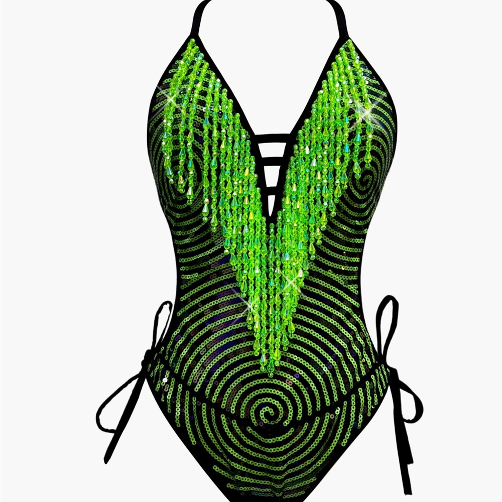 Festival Season! Dazzling Green and Black Sequin Beaded Fringe Bodysuit